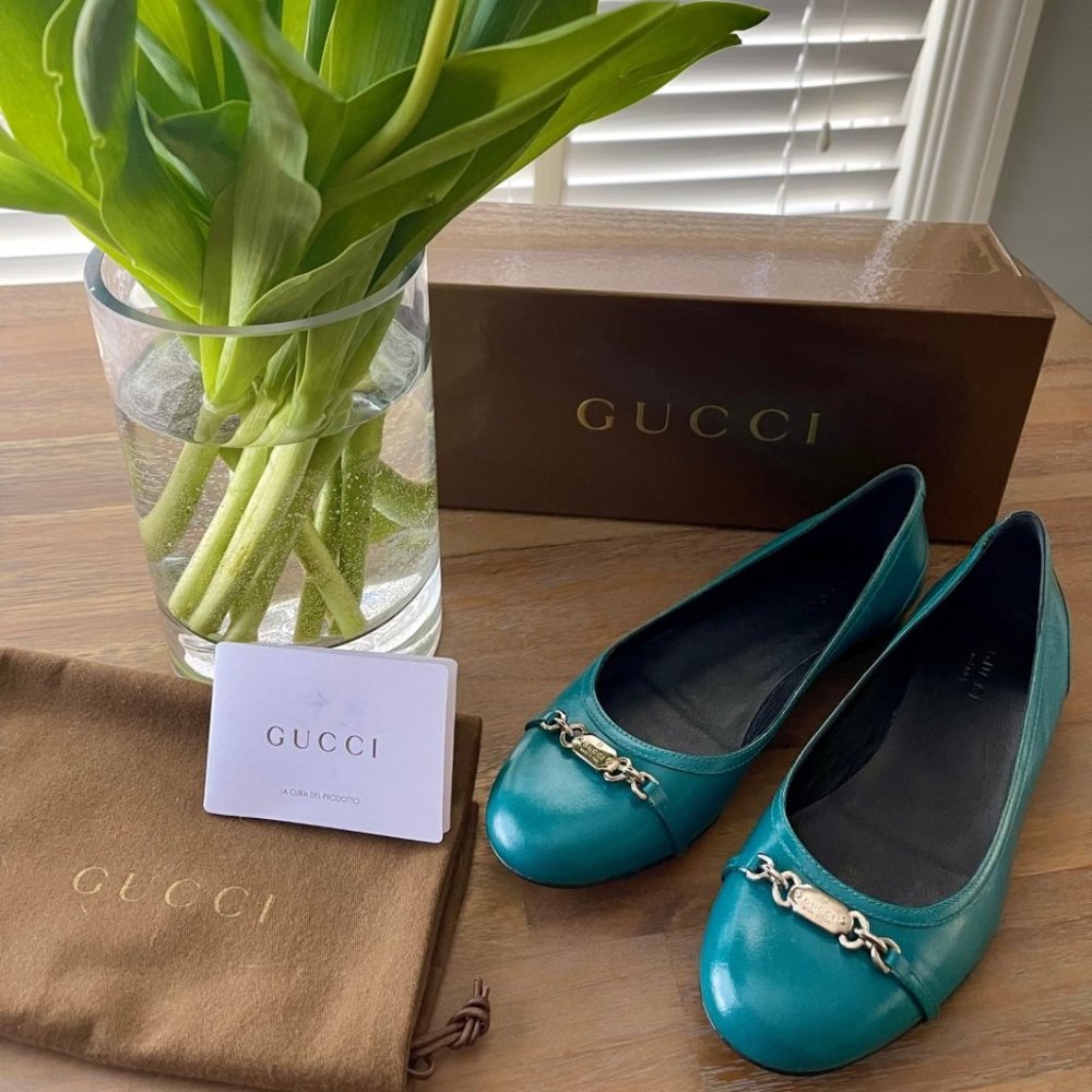 Brand New GUCCI Flats SHOES Bag Box AUTHENTIC turquoise LEATHERT Italy size 38 - Picture 2 of 6